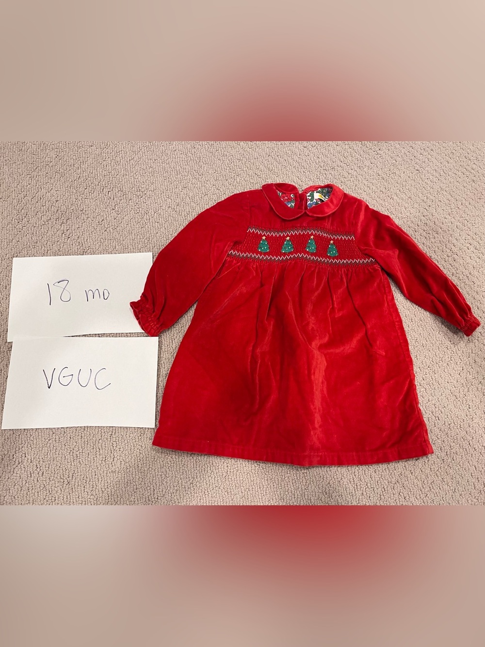 Baby Boden Red Velvet Holiday Dress with Green Tree Smocking